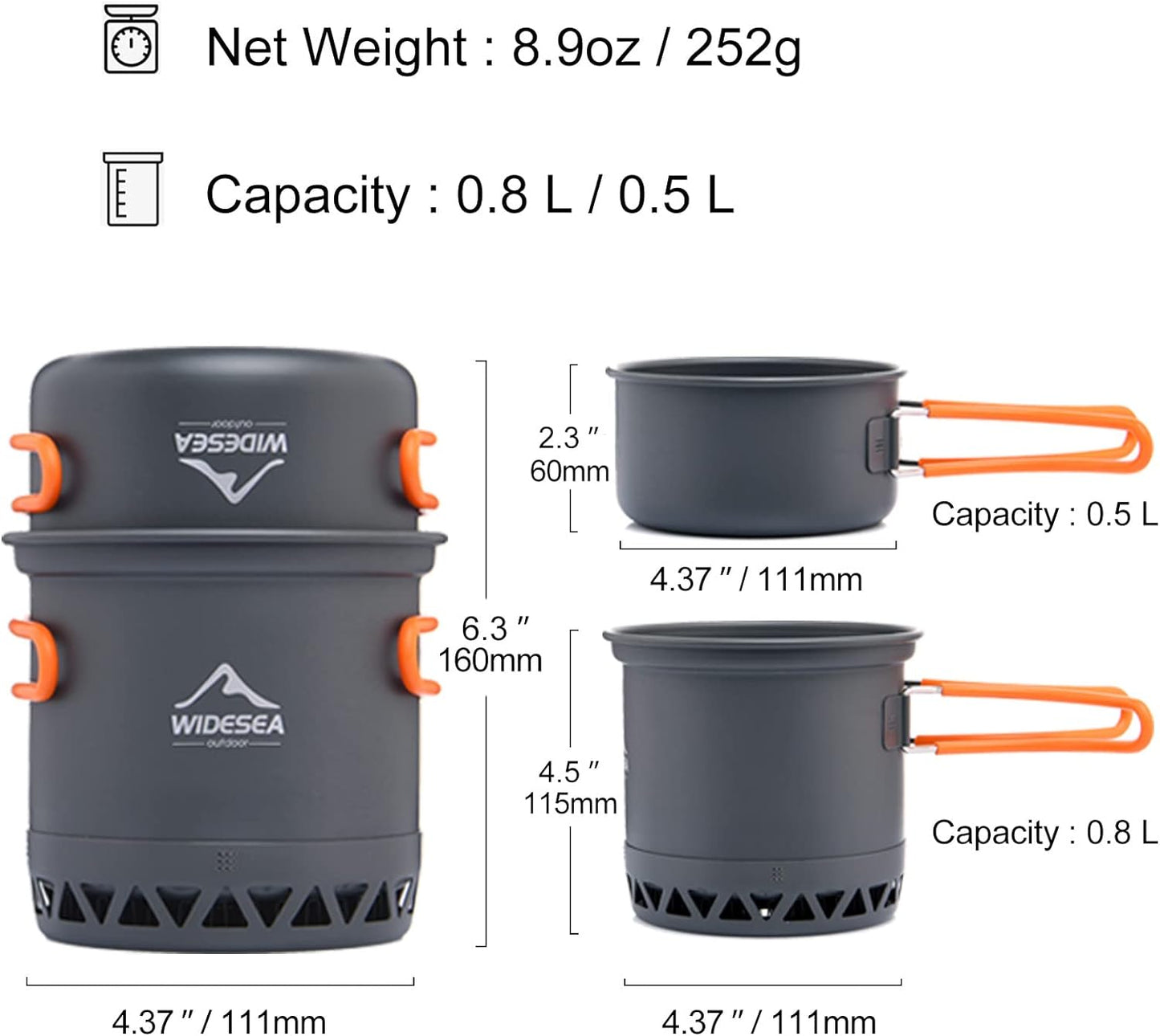 Widesea Camping 800ml Pot + 500ml Pan / 290g